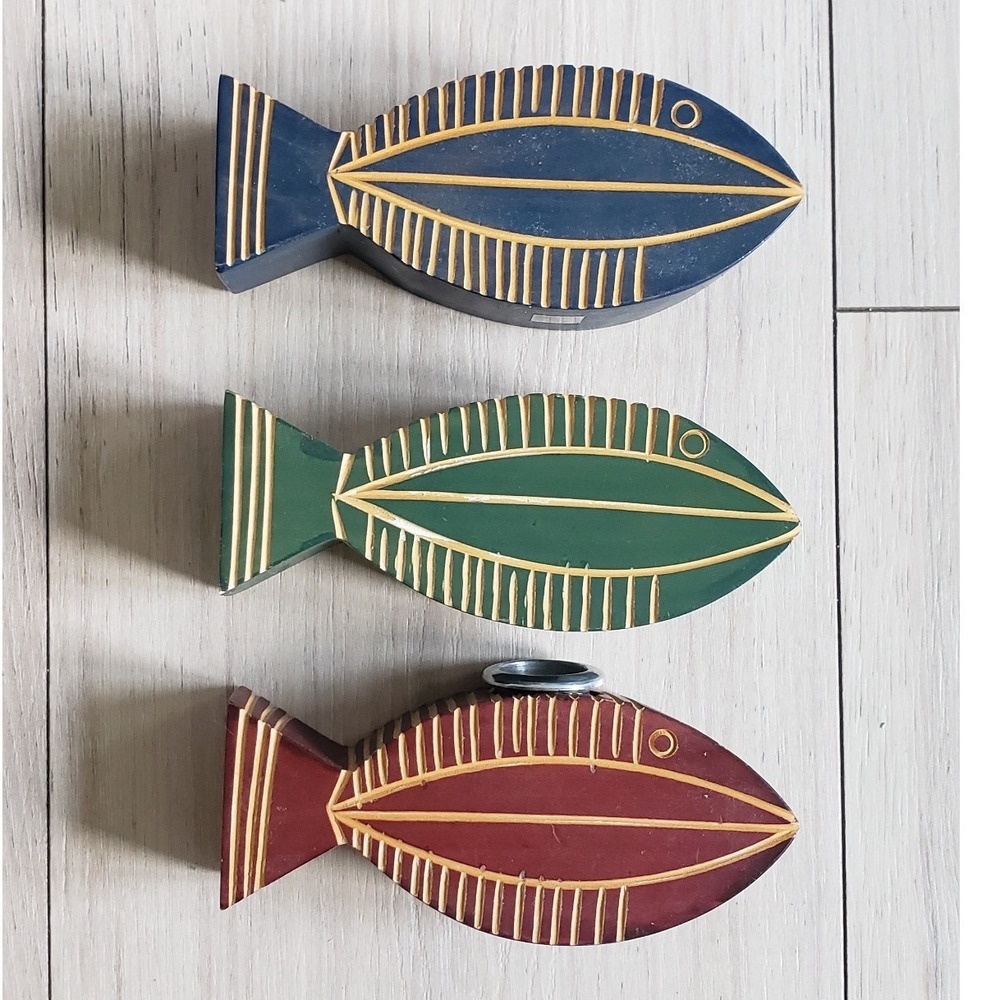 Hand Carved Wooden Fish‎ Decor Set of 3 Coastal Nautical Shelf Art